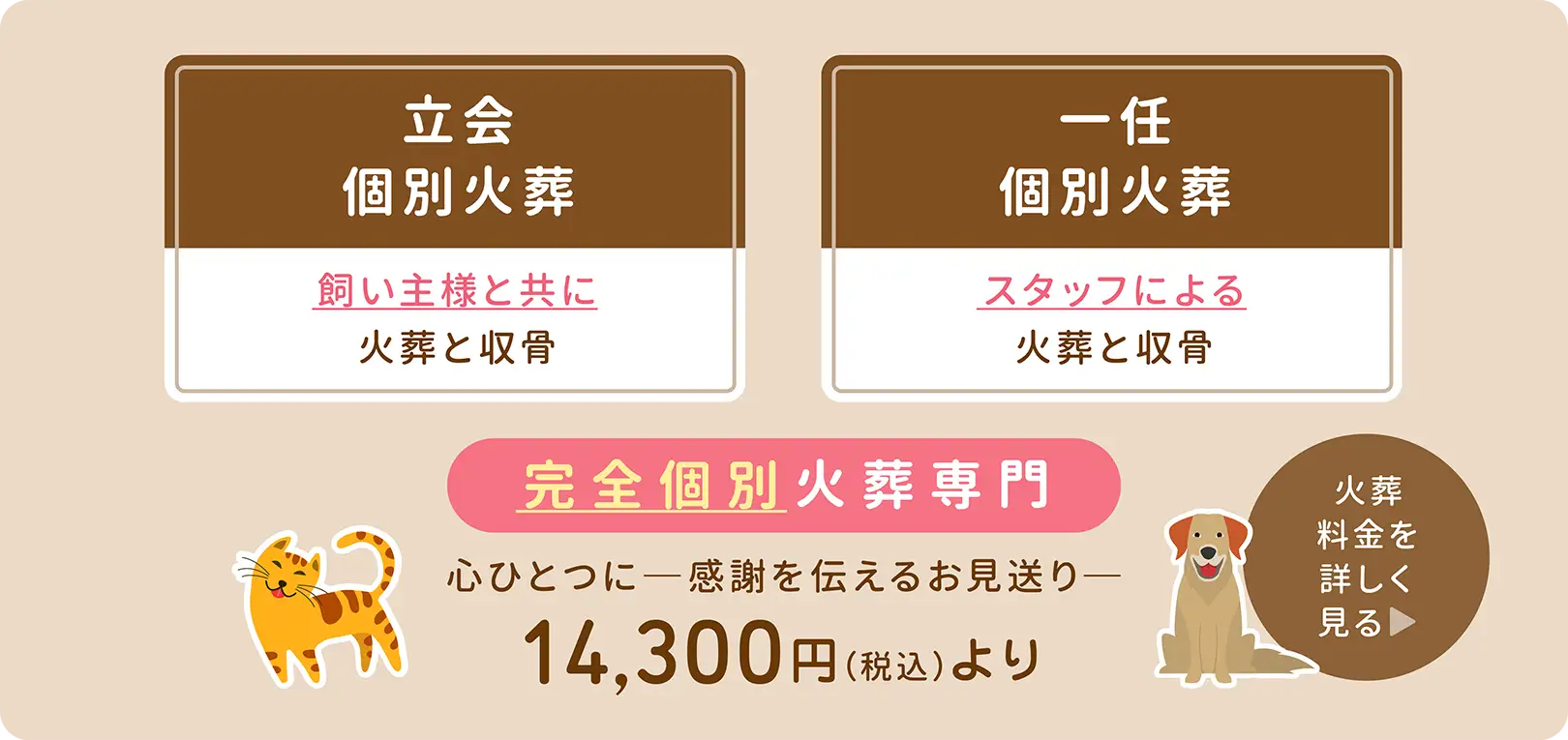 【「立会個別火葬」飼い主様と共に火葬と収骨】【「一任個別火葬」スタッフによる火葬と収骨】完全個別火葬専門。14,300円（税込）より